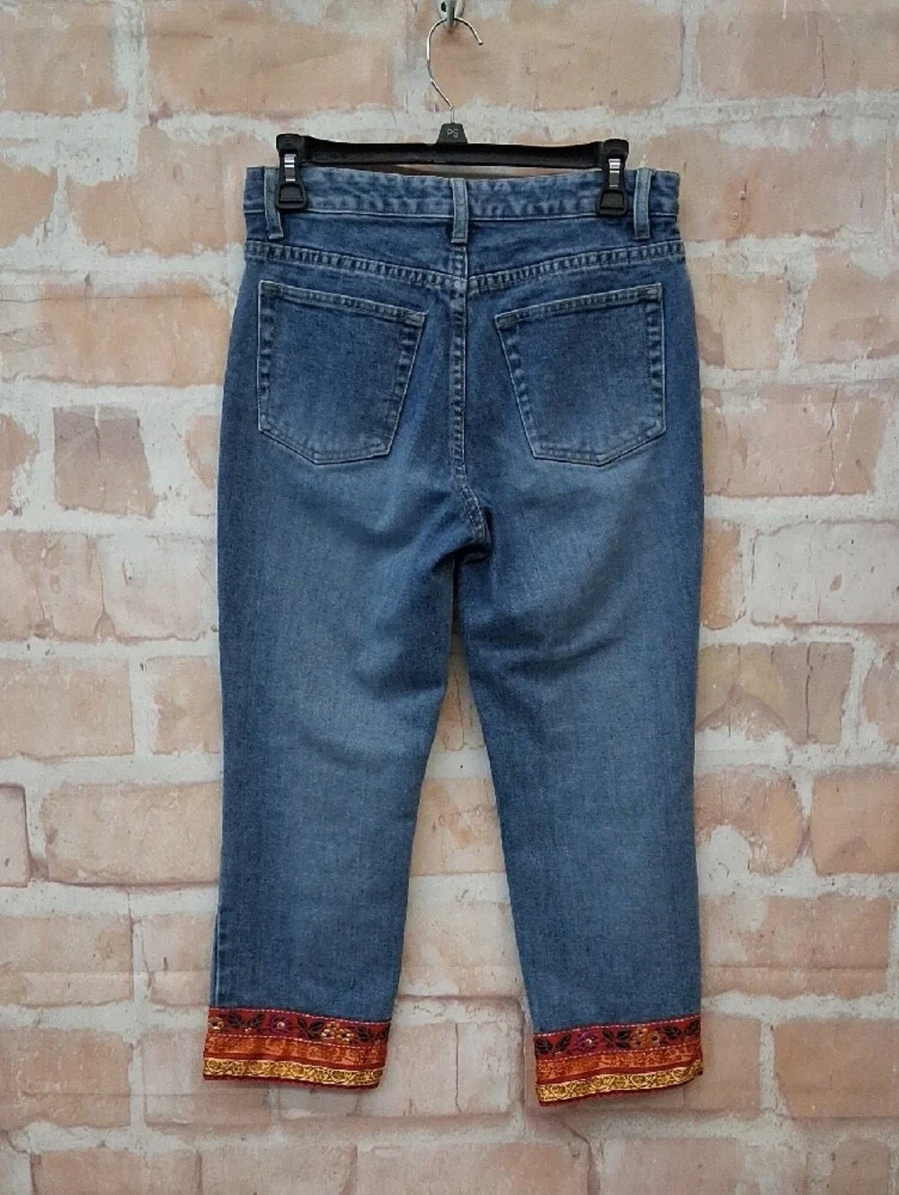 Boston Proper Blue Cropped Jeans with Red-Orange Embroidered Cuffs